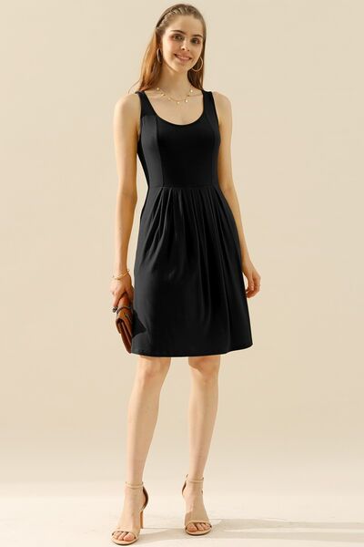 Doublju Full Size Round Neck Ruched Sleeveless Dress with Pockets |1mrk.com