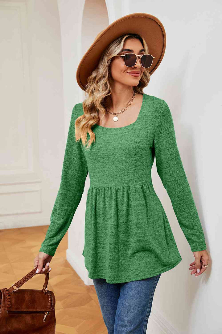 Square Neck Long Sleeve Peplum Top | 1mrk.com