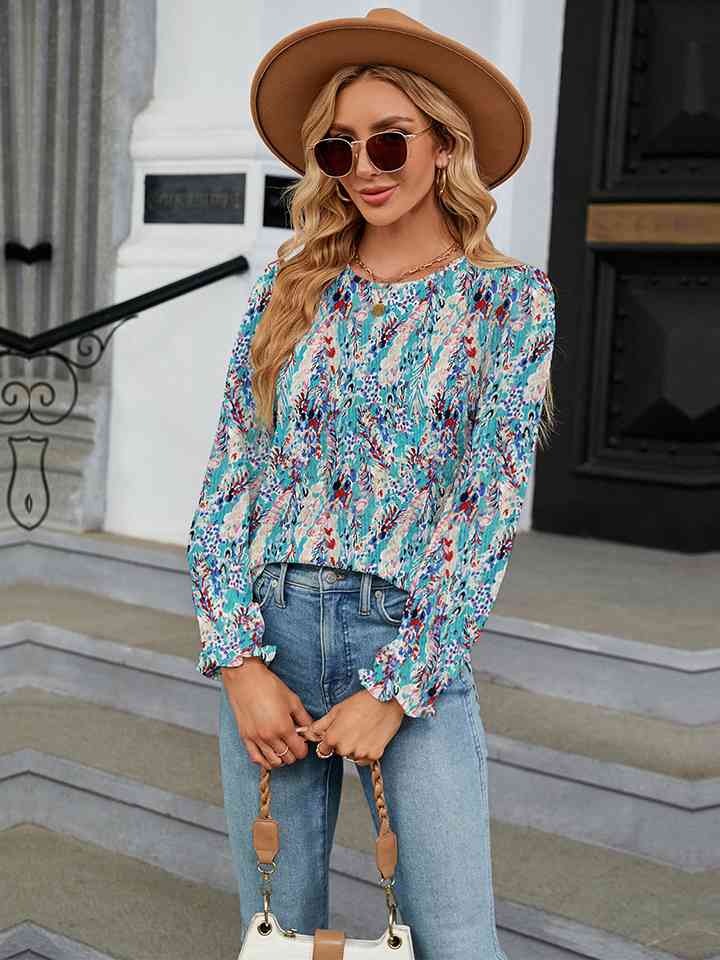 Printed Round Neck Flounce Sleeve Blouse | 1mrk.com