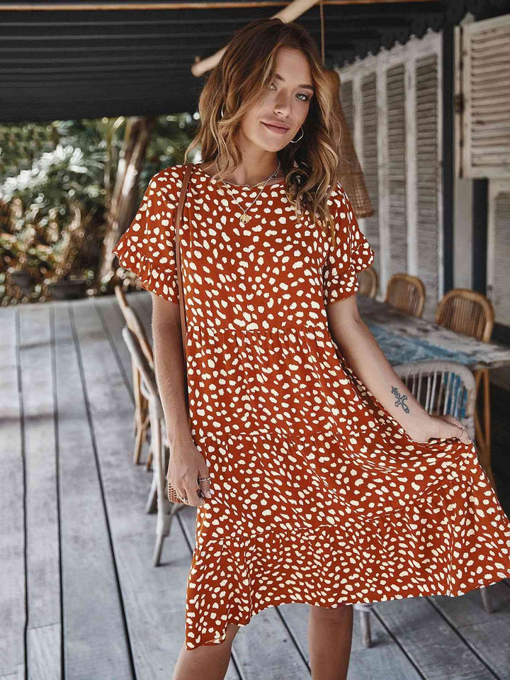 Printed Round Neck Tiered Dress |1mrk.com