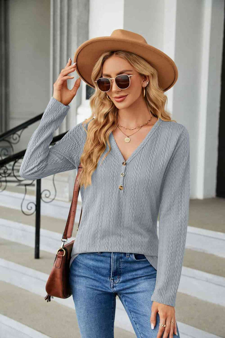 Cable-Knit Long Sleeve V-Neck T-Shirt | 1mrk.com