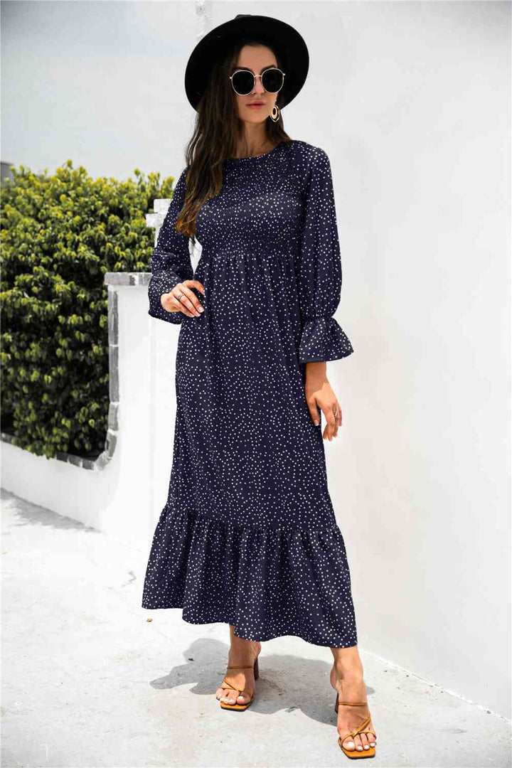 Printed Puff Sleeve Ruffle Maxi Dress |1mrk.com