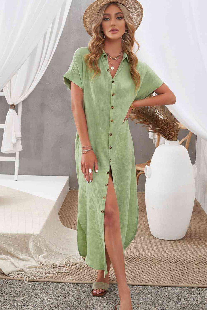 Textured Button Down Slit Shirt Dress | 1mrk.com