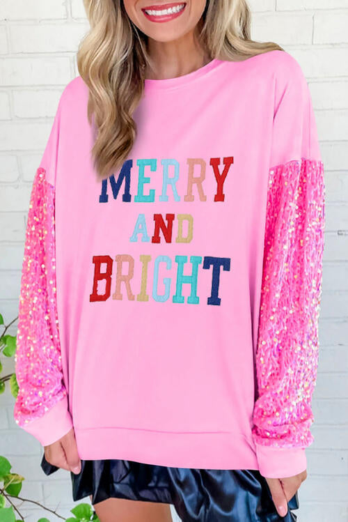 MERRY AND BRIGHT Sequin Long Sleeve Sweatshirt |1mrk.com