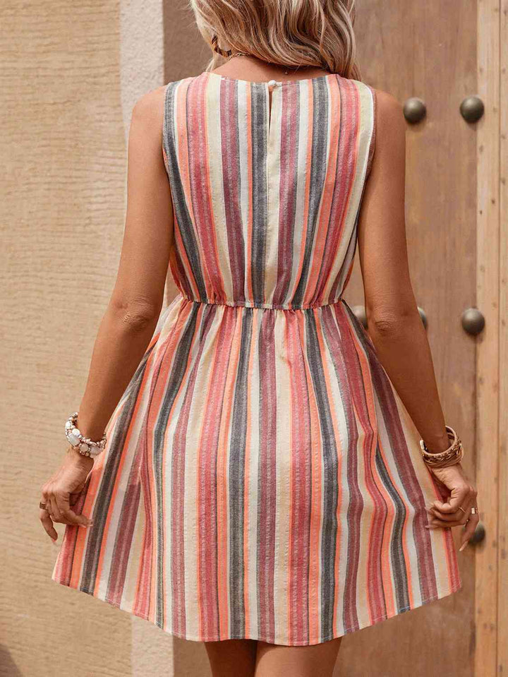 Striped Drawstring Round Neck Sleeveless Dress | 1mrk.com
