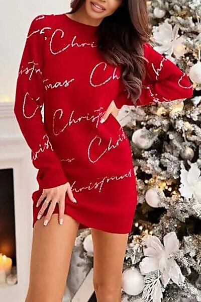 CHRISTMAS Letter Print Tunic Sweater Dress |1mrk.com