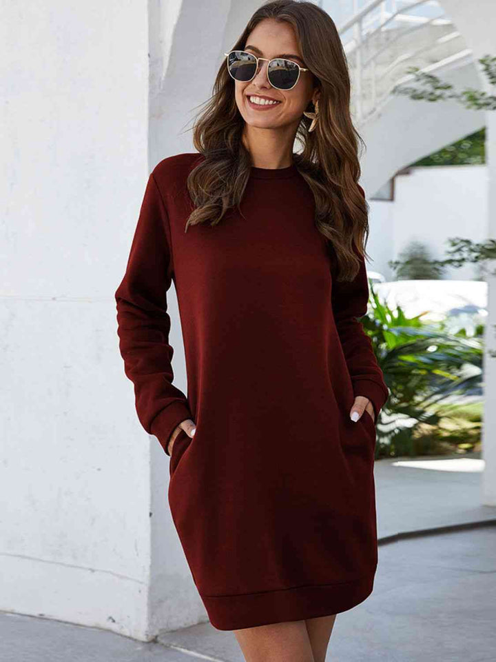 Round Neck Long Sleeve Mini Dress with Pockets | 1mrk.com