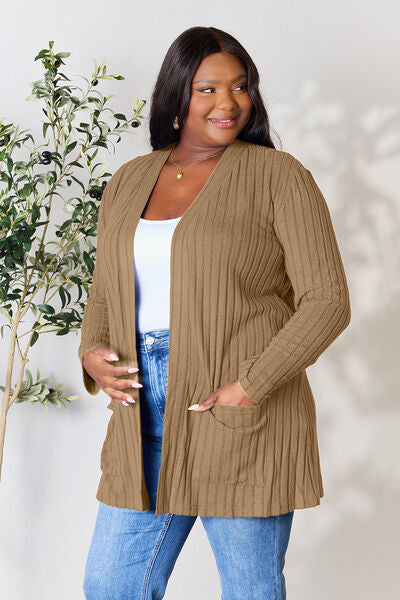 Basic Bae Full Size Ribbed Open Front Cardigan with Pockets | Trendsi