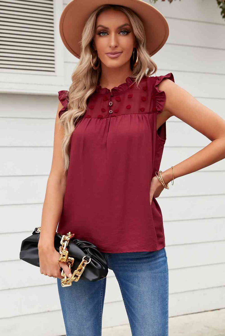 Swiss Dot Buttoned Ruffle Trim Tank | 1mrk.com