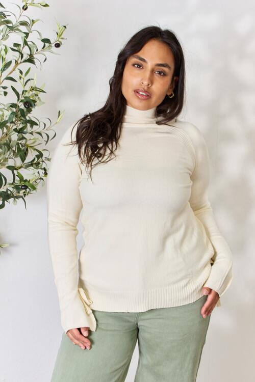 Heimish Full Size Ribbed Bow Detail Long Sleeve Turtleneck Knit Top |1mrk.com