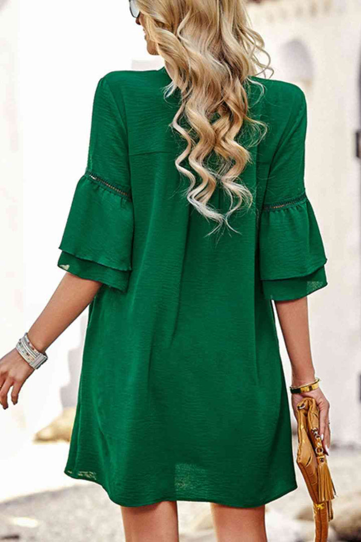 Notched Neck Flare Sleeve Pocket Dress |1mrk.com