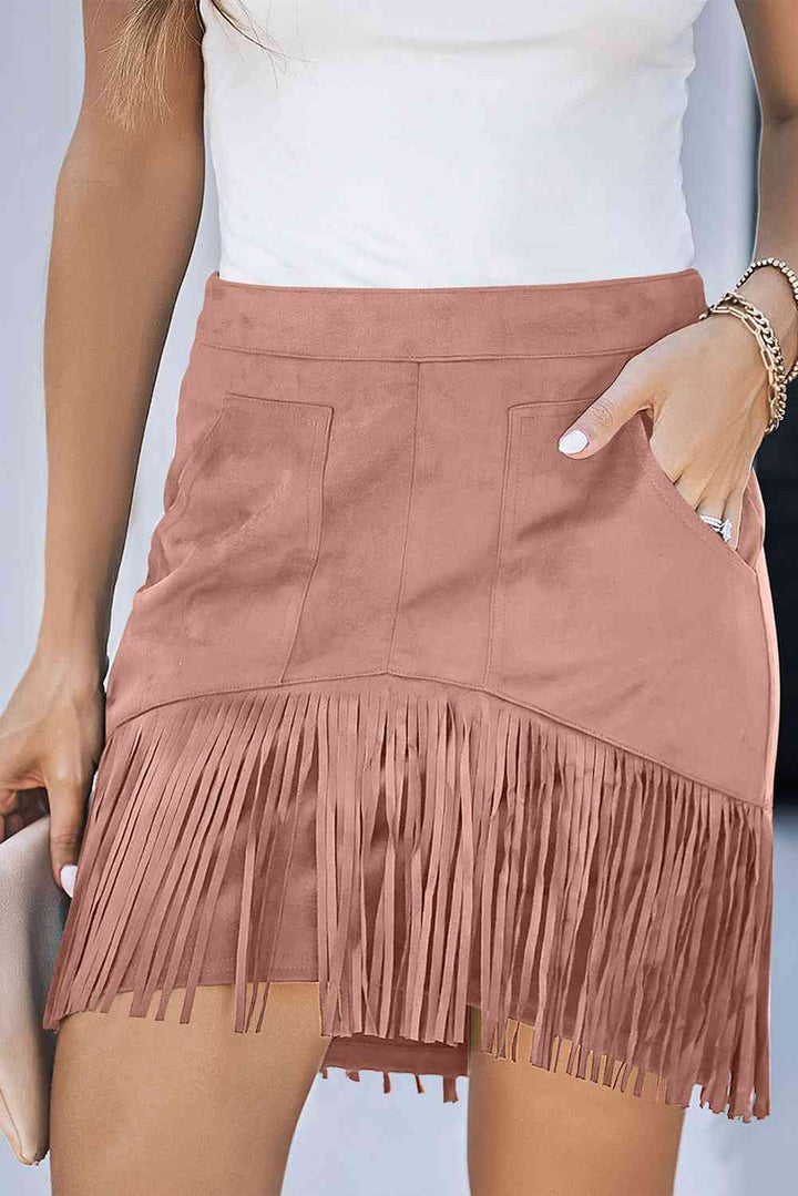 Fringe Detail Zip-Back Skirt with Pockets |1mrk.com