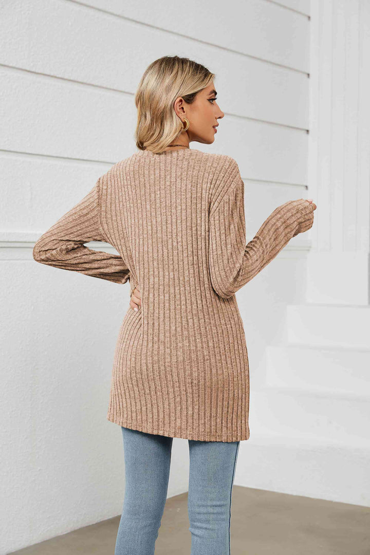 Notched Neck Ribbed Long Sleeve T-Shirt | 1mrk.com