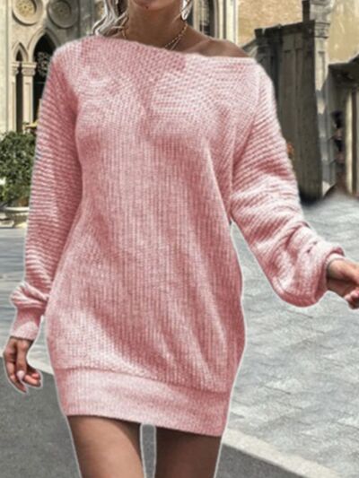 One Shoulder Lantern Sleeve Sweater Dress | 1mrk.com