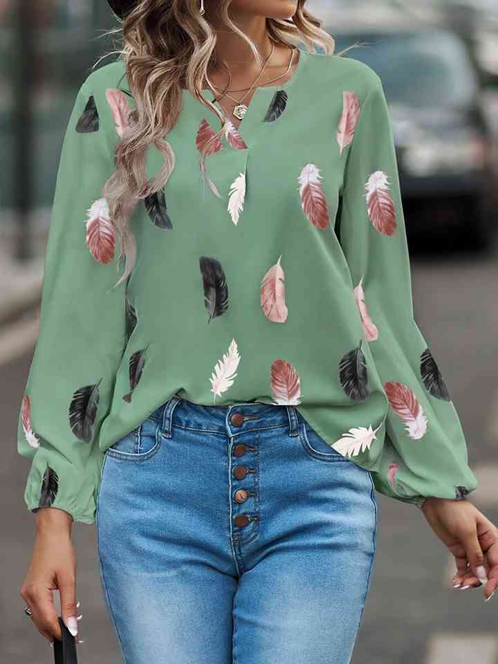 Printed Notched Neck Long Sleeve Blouse | 1mrk.com