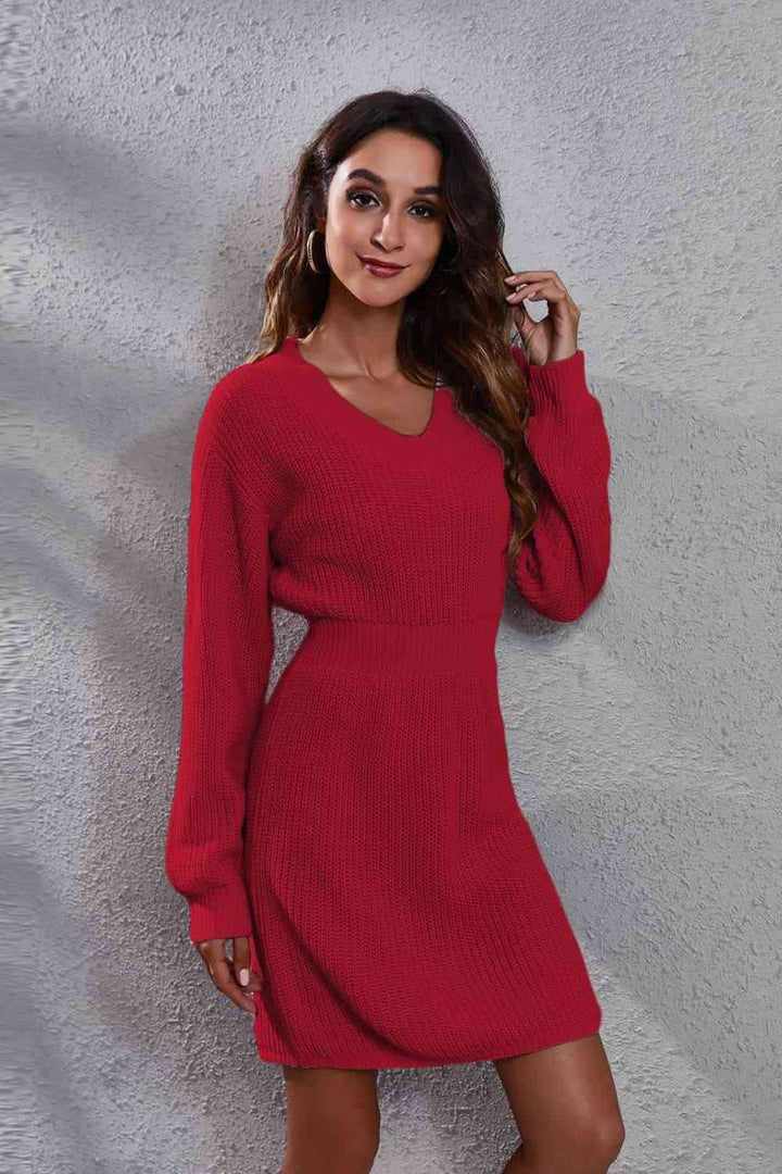V-Neck Long Sleeve Rib-Knit Sweater Dress | 1mrk.com