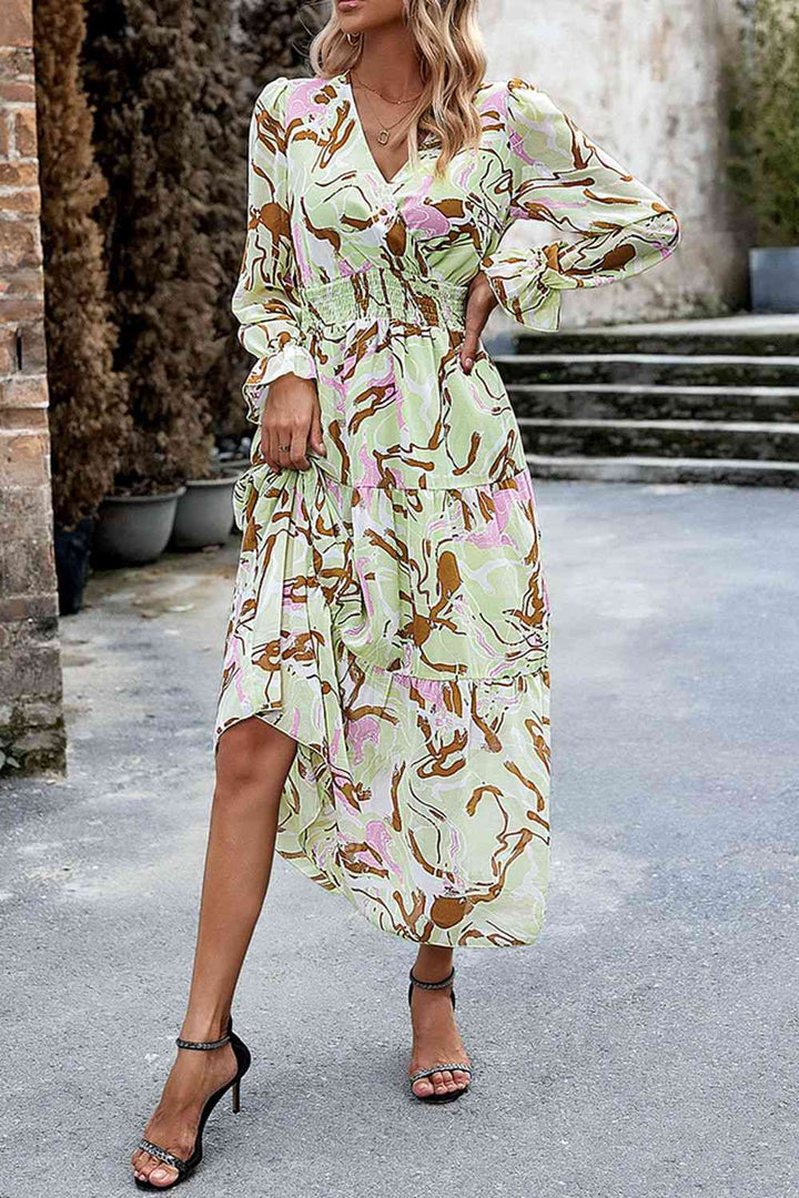 Printed Surplice Neck Flounce Sleeve Midi Dress |1mrk.com