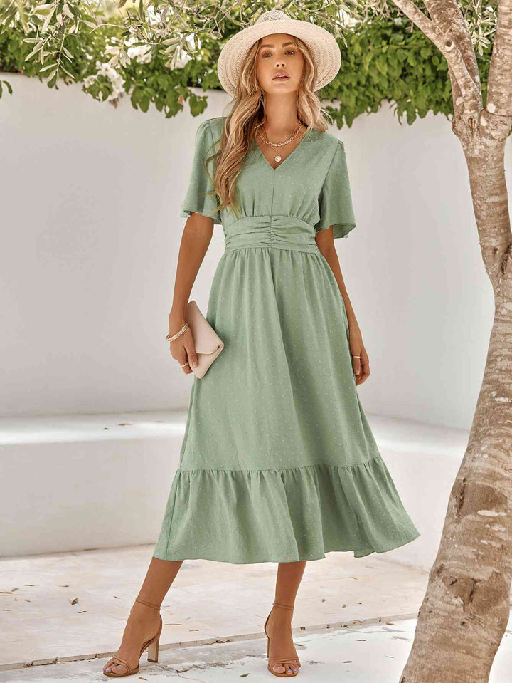 Swiss Dot V-Neck Ruffle Hem Dress |1mrk.com