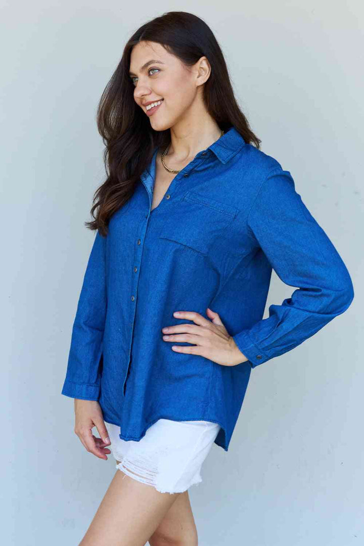 Doublju Blue Jean Baby Denim Button Down Shirt Top in Dark Blue | 1mrk.com