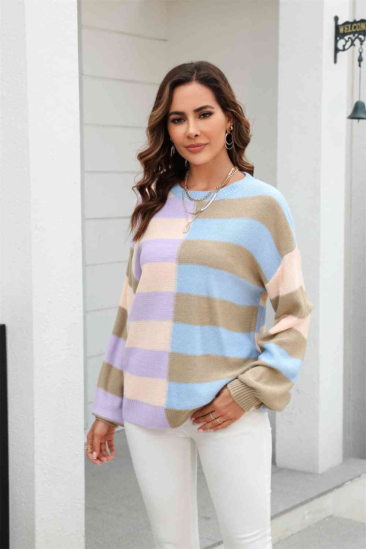 Round Neck Long Sleeve Color Block Dropped Shoulder Pullover Sweater |1mrk.com