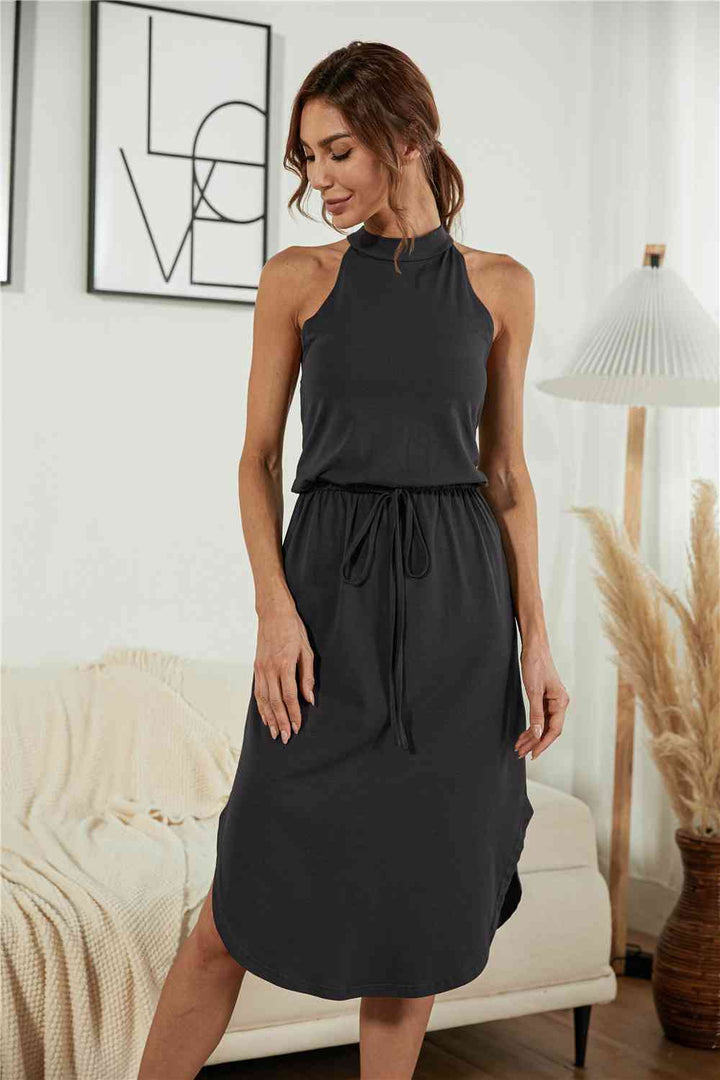 Drawstring Open Back Slit Sleeveless Dress |1mrk.com