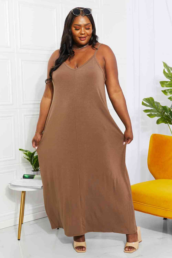 Zenana Full Size Beach Vibes Cami Maxi Dress in Mocha | 1mrk.com