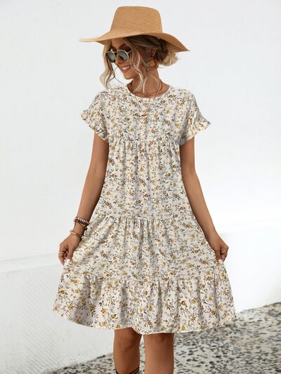 Frill Floral Round Neck Short Sleeve Tiered Dress |1mrk.com