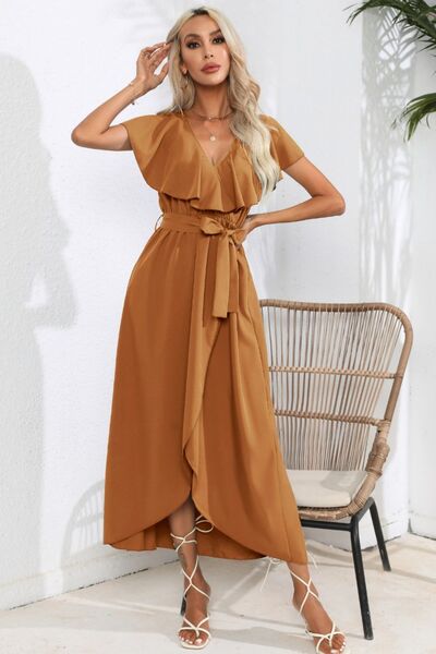 Ruffled Tied V-Neck Midi Dress |1mrk.com