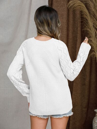 Openwork Round Neck Raglan Sleeve Sweater |1mrk.com