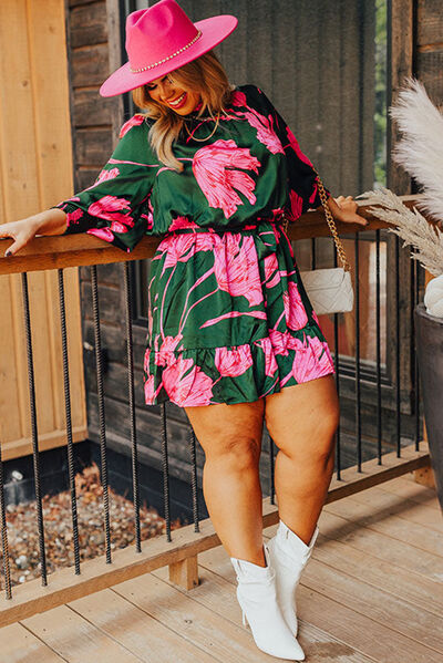 Plus Size Printed Lantern Sleeve Ruffle Hem Dress |1mrk.com