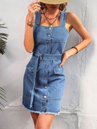 Button Up Raw Hem Denim Dress |1mrk.com