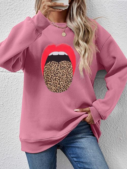 Leopard Lip Graphic Round Neck Sweatshirt |1mrk.com