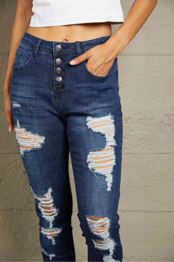 Baeful Distressed Button Fly Raw Hem Jeans | 1mrk.com
