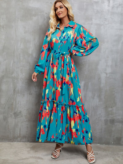 Frill Tied Printed Balloon Sleeve Dress |1mrk.com