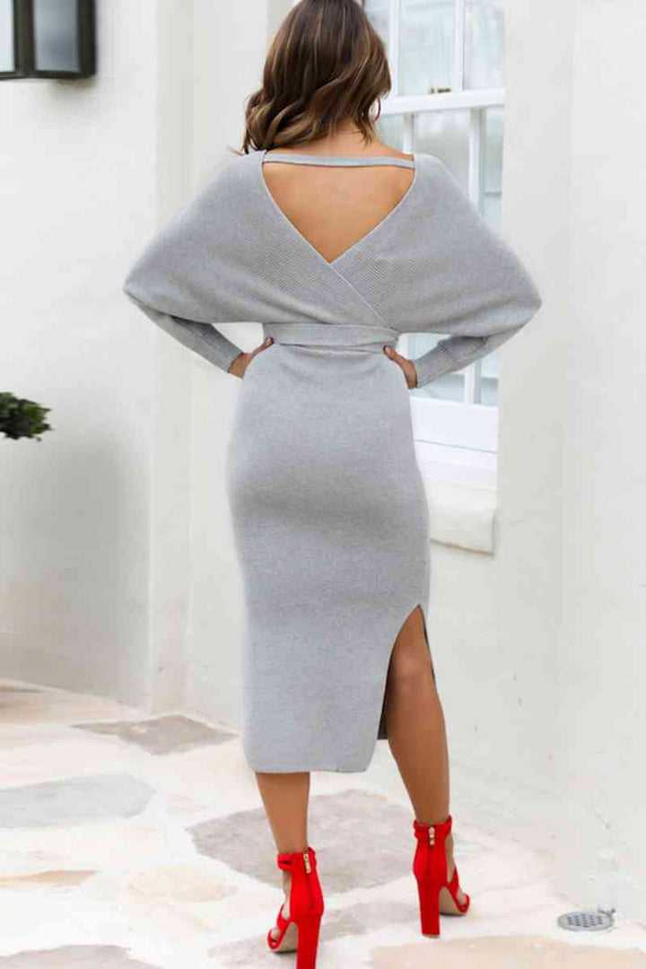 Surplice Neck Bow Waist Slit Sweater Dress |1mrk.com