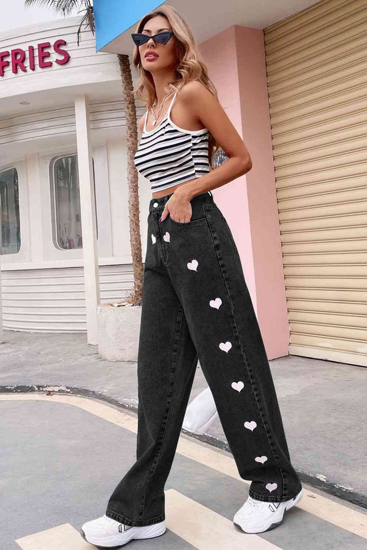 Heart Print Buttoned Jeans | 1mrk.com