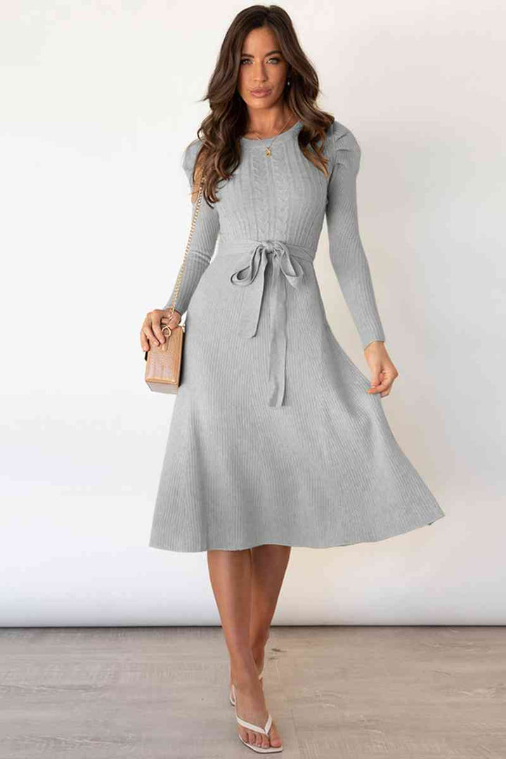 Round Neck Long Sleeve Tie Waist Sweater Dress | 1mrk.com