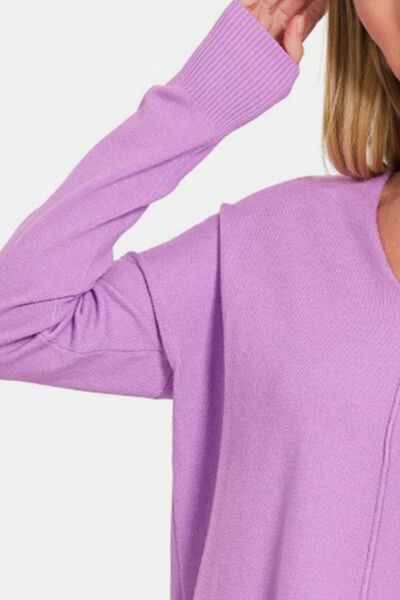 Zenana Slit V-Neck Dropped Shoulder Sweater | Trendsi