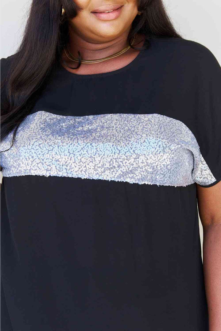 Sew In Love Shine Bright Full Size Center Mesh Sequin Top in Black/Silver | 1mrk.com