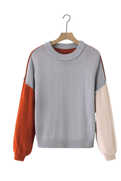 Contrast Round Neck Dropped Shoulder Sweater |1mrk.com