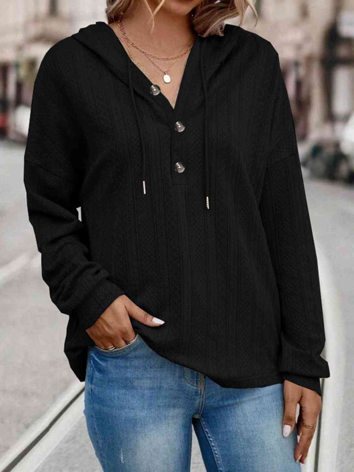 Drawstring Buttoned Drop Shoulder Hoodie | 1mrk.com