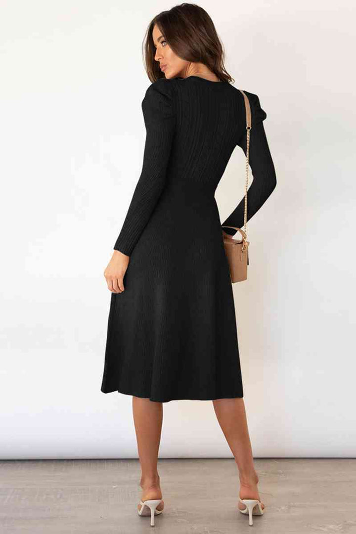 Round Neck Long Sleeve Tie Waist Sweater Dress | 1mrk.com