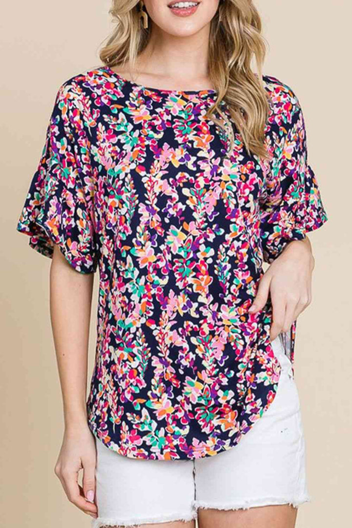 Printed Boat Neck Curved Hem Top | 1mrk.com