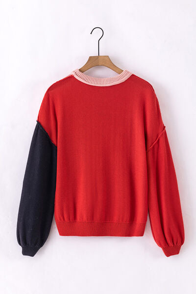 Contrast Round Neck Dropped Shoulder Sweater |1mrk.com