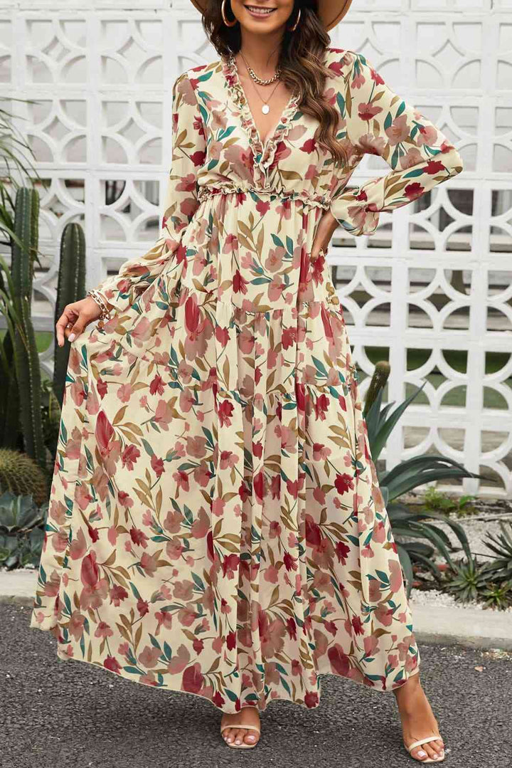 Floral Frill Trim Flounce Sleeve Plunge Maxi Dress | 1mrk.com