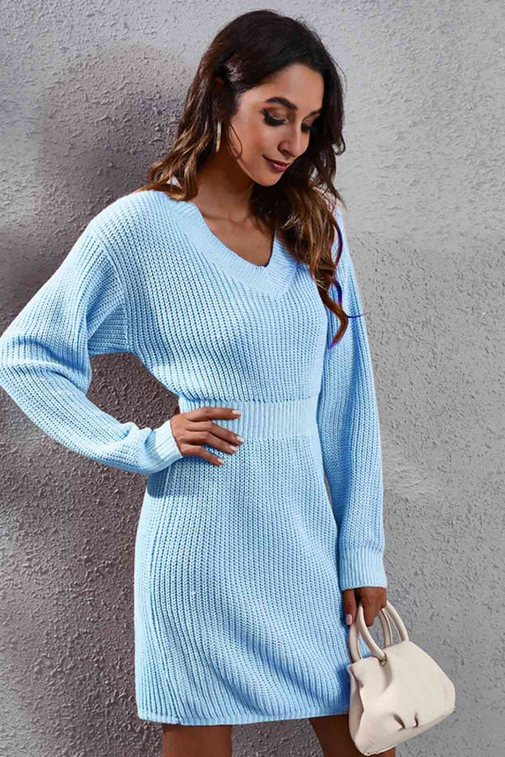 V-Neck Long Sleeve Rib-Knit Sweater Dress | 1mrk.com