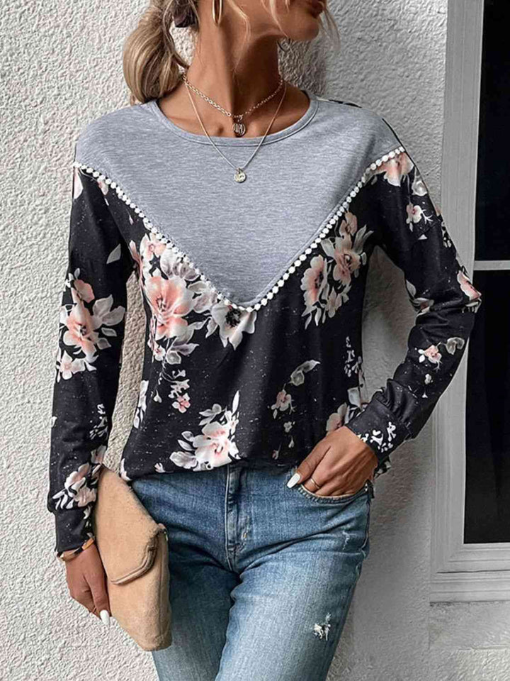 Floral Print Contrast Round Neck Dropped Shoulder Sweatshirt |1mrk.com