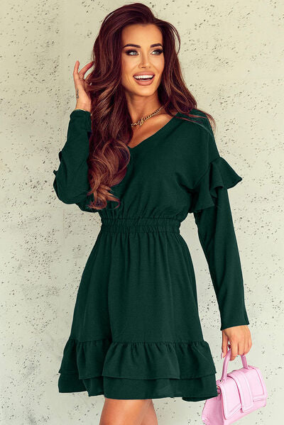 Ruffled V-Neck Dropped Shoulder Mini Dress |1mrk.com