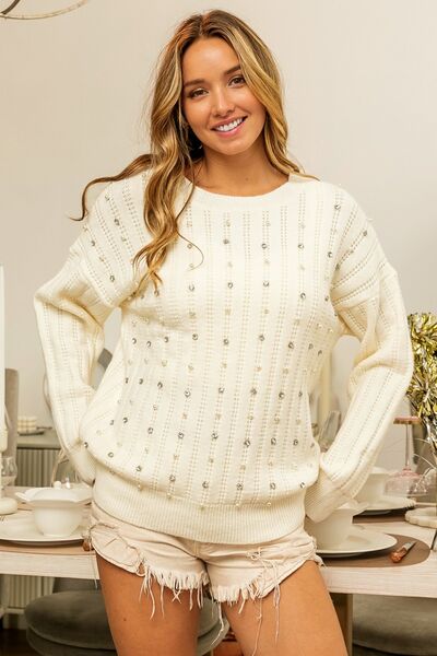 BiBi Pearl & Rhinestone Decor Long Sleeve Sweater |1mrk.com