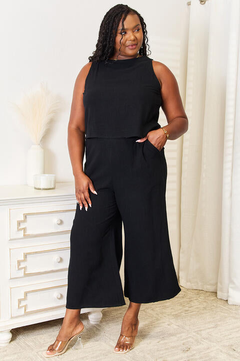 Double Take Buttoned Round Neck Tank and Wide Leg Pants Set | 1mrk.com
